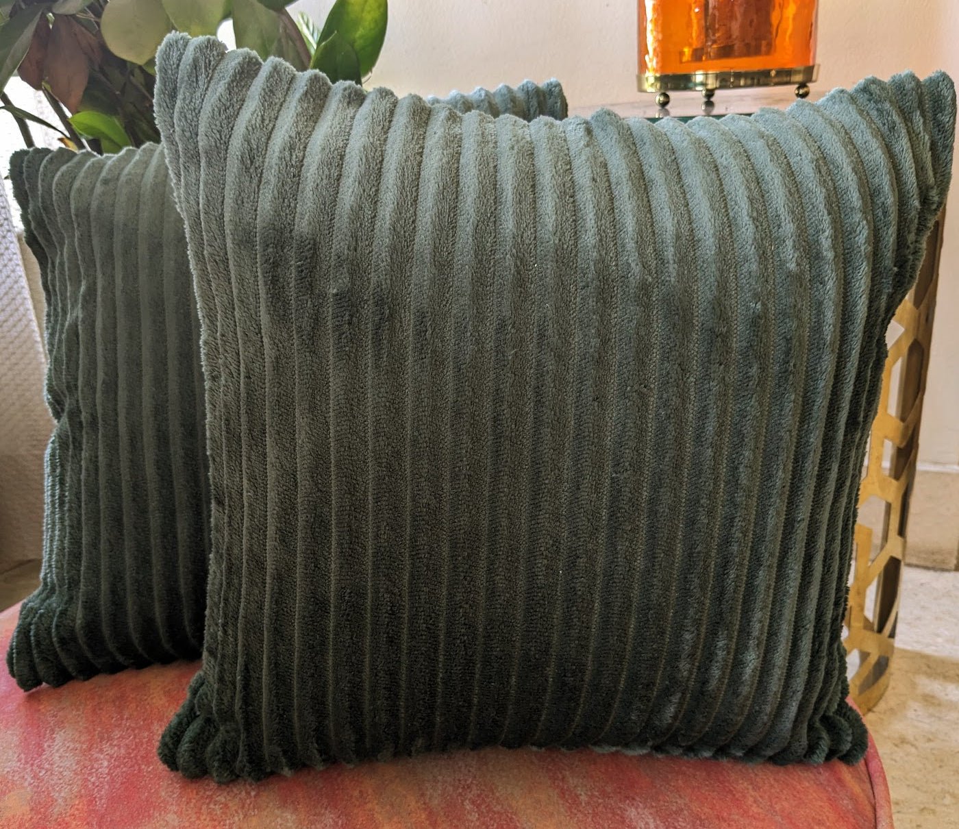 Velvet Trail Moss Cushion Cover, Pack of 2, 16" x 16" - Coral Slub -